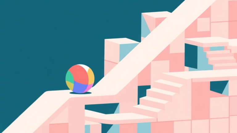 自动生成图片: A minimalist, flat design illustration of a colorful ball rolling down a complex, interconnected slope made of geometric blocks and ramps, soft pastel color palette, clean lines, conveying a sense of logic and flow high quality illustration, detailed, 16:9