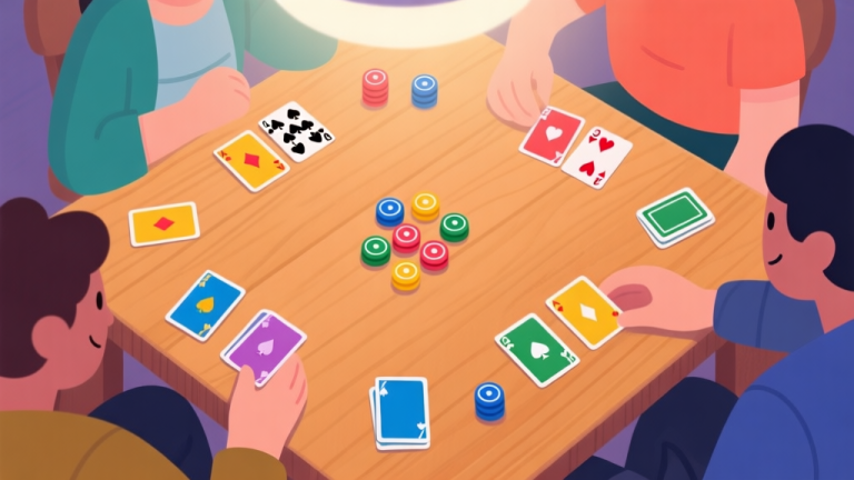 自动生成图片: A top-down view of a casual card game setup for four players, showing colorful cards and tokens on a wooden table, soft lighting, friendly and inviting atmosphere, flat illustration style high quality illustration, detailed, 16:9