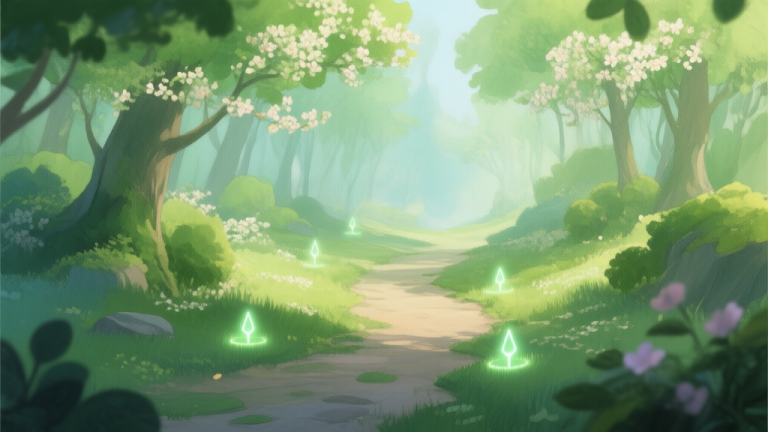 自动生成图片: A serene fantasy game scene showing a lush green spring forest path, with subtle glowing markers hinting at hidden choices, soft watercolor style, gentle lighting high quality illustration, detailed, 16:9