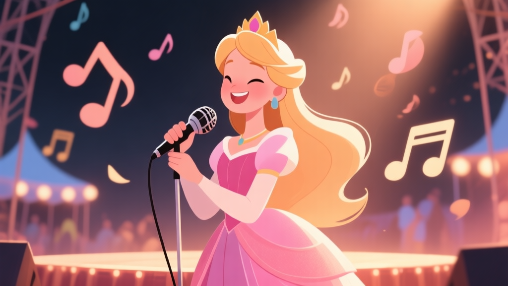 A serene, warm-toned illustration of a stylized princess character holding a microphone on a softly lit festival stage, with abstract musical notes floating in the background, evoking a feeling of joy and performance high quality illustration, detailed, 16:9