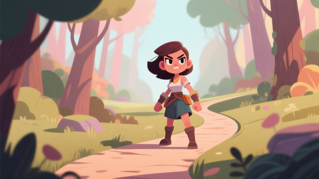 A stylized, hopeful female game character with a determined expression, standing at the start of a winding path in a vibrant forest, soft pastel and earthy color palette, flat illustration style high quality illustration, detailed, 16:9
