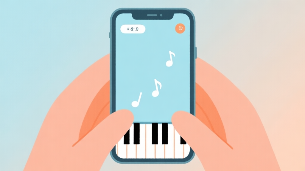 A calming, minimalist illustration of a smartphone screen showing a simple piano game interface with a few falling notes, soft pastel colors like light blue and gentle orange, clean lines, no human hands high quality illustration, detailed, 16:9