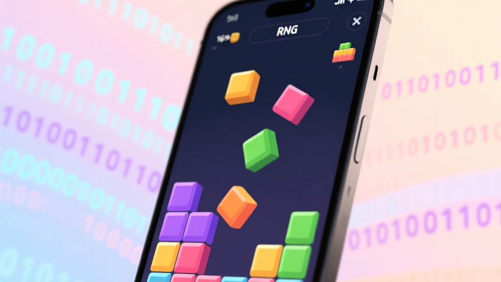A close-up view of a digital puzzle game interface on a mobile phone, showing colorful falling blocks. The background is a soft, abstract representation of binary code or data flow in pastel colors, symbolizing the hidden RNG mechanics. high quality illustration, detailed, 16:9
