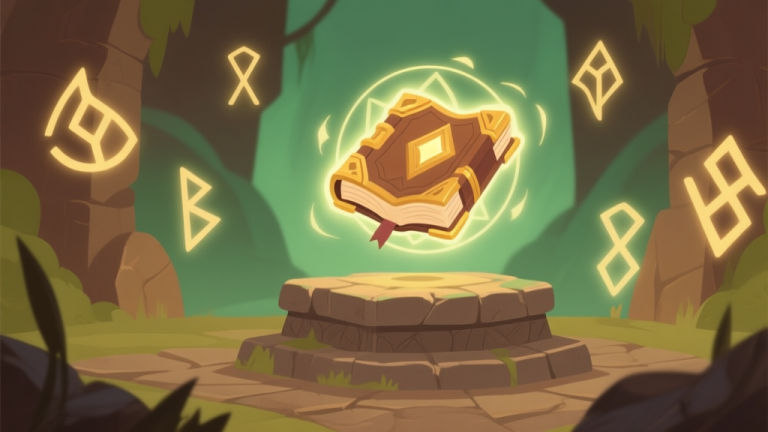 自动生成图片: A serene fantasy game scene showing a glowing ancient tome floating above a stone altar, surrounded by softly pulsating magical runes in earthy tones of green, brown, and gold, flat illustration style high quality illustration, detailed, 16:9