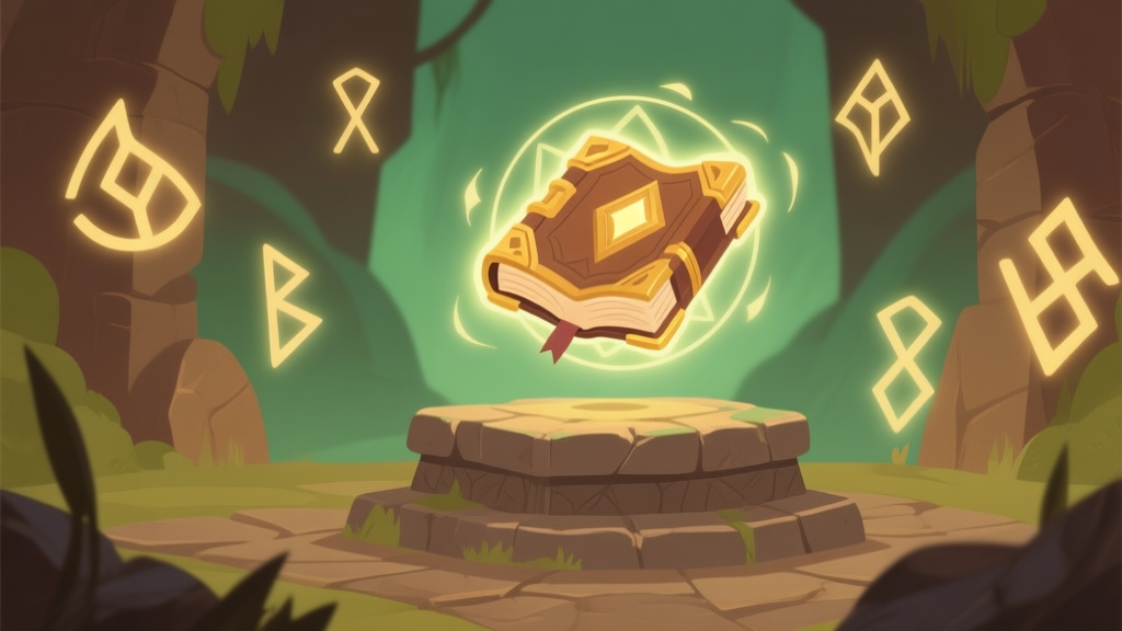 A serene fantasy game scene showing a glowing ancient tome floating above a stone altar, surrounded by softly pulsating magical runes in earthy tones of green, brown, and gold, flat illustration style high quality illustration, detailed, 16:9