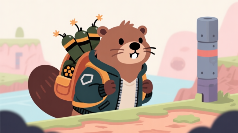 自动生成图片: A cute but determined cartoon beaver with a bomber jacket and a backpack full of explosives, peeking from behind a game terrain obstacle, soft pastel color palette, flat illustration style high quality illustration, detailed, 16:9