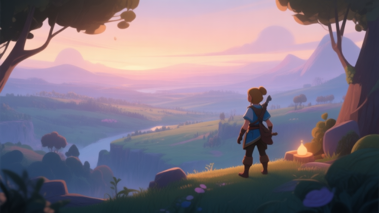 自动生成图片: A serene, immersive scene from a stylized adventure game, showing a character overlooking a vast, beautiful landscape at dusk, with soft lighting and a cozy, inviting atmosphere, in a gentle color palette high quality illustration, detailed, 16:9