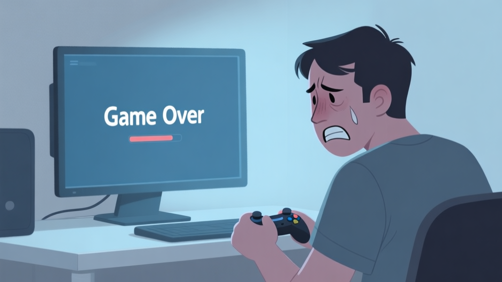 A frustrated gamer looking at a "Game Over" screen on a monitor, with soft, muted lighting and a simple, clean setup. The color palette is subdued blues and grays. high quality illustration, detailed, 16:9