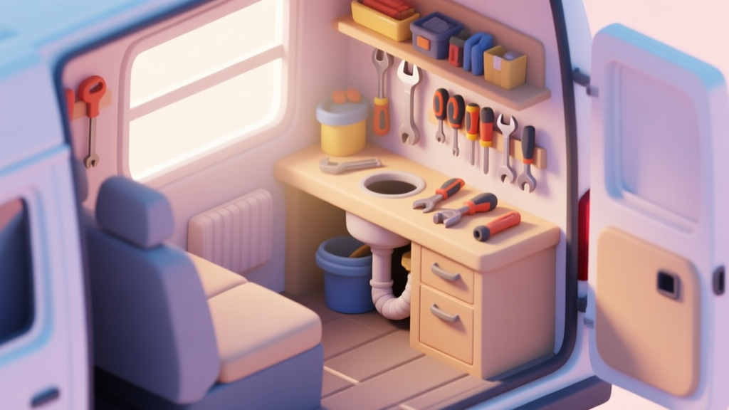 A cozy, isometric view of a plumber's van interior with neatly organized tools, soft morning light filtering through the window, in a gentle pastel color palette high quality illustration, detailed, 16:9