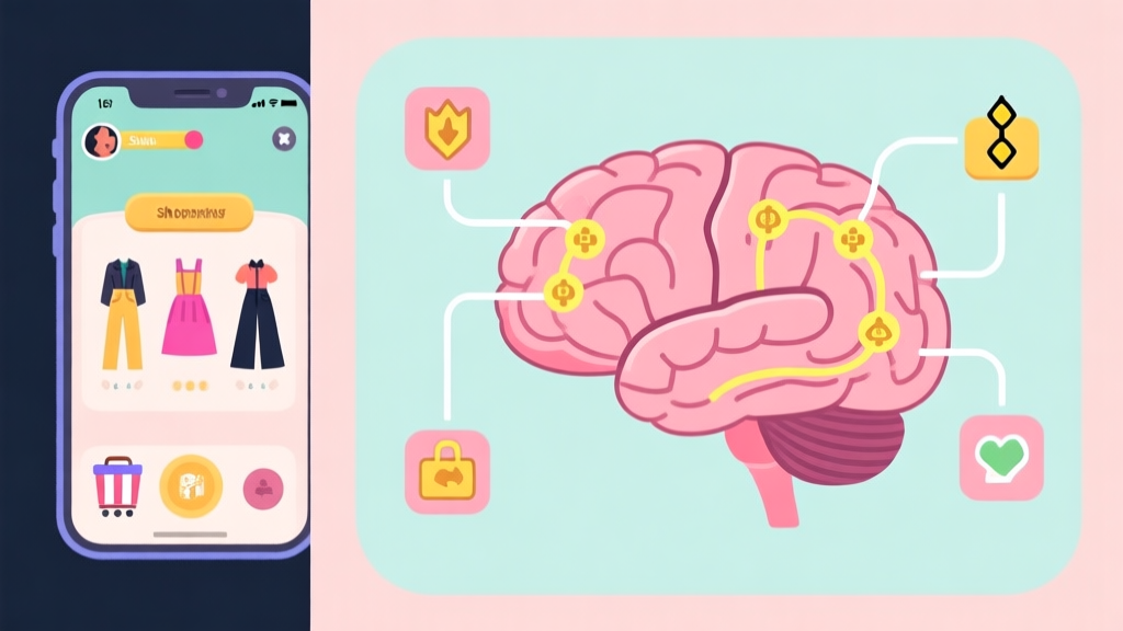 A split-screen illustration showing a casual mobile game interface with shopping and fashion elements on one side, and on the other side, a stylized brain diagram with highlighted reward pathways, dopamine symbols, and connecting lines to the game elements, in a soft pastel color palette. high quality illustration, detailed, 16:9