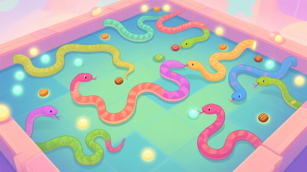 A top-down view of a vibrant Classic Snake IO game arena, showing multiple colorful snakes of different lengths navigating around glowing food dots and avoiding each other, soft pastel color palette high quality illustration, detailed, 16:9