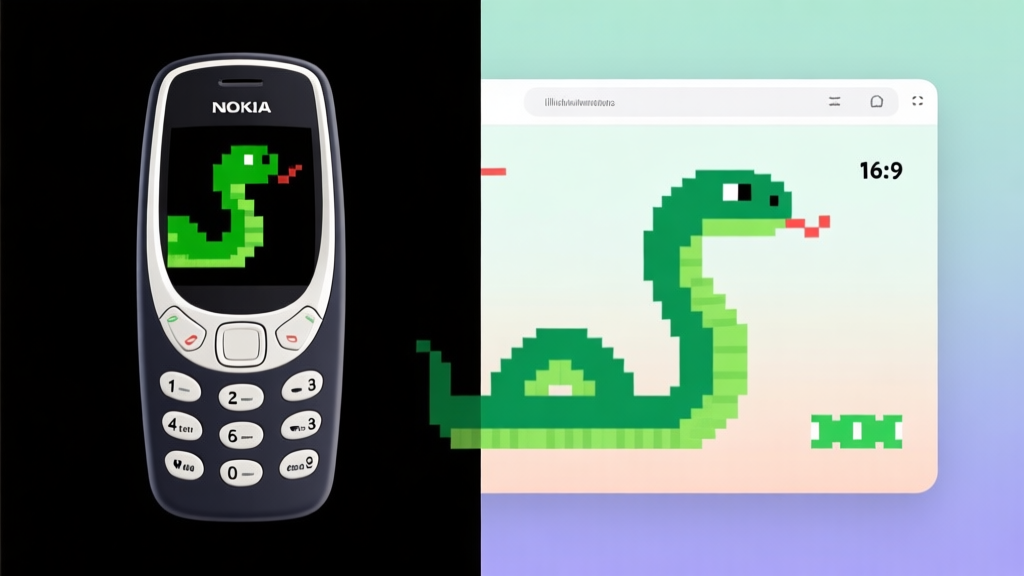 A split-screen illustration showing a pixelated green snake on a black screen of an old Nokia phone on the left, and a modern, minimalist version of a snake game on a sleek browser interface on the right, with a soft gradient background high quality illustration, detailed, 16:9