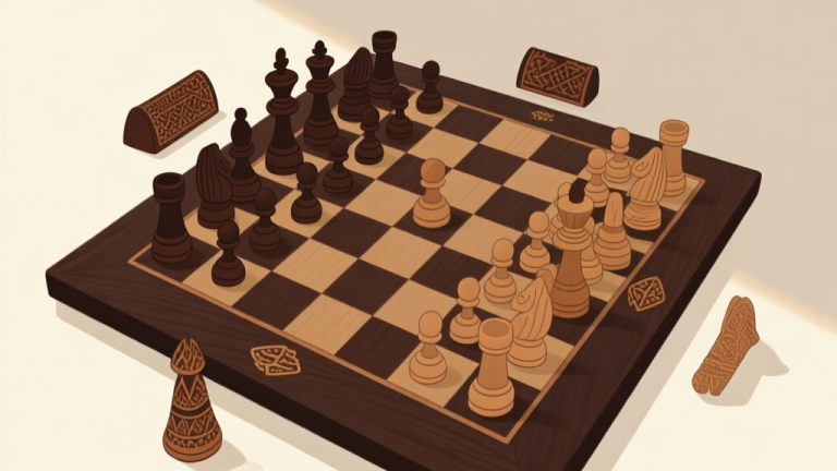 自动生成图片: A top-down view of a traditional Javanese chess (Catur Jawa) board set up for the start of a game, with intricate wooden pieces on a dark wooden board, soft natural lighting, minimalist style high quality illustration, detailed, 16:9