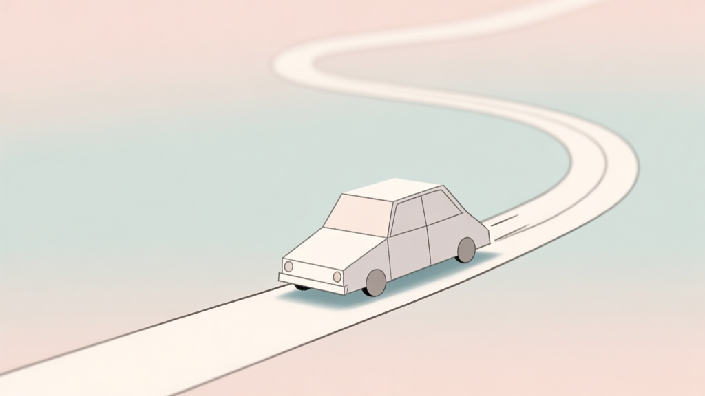 A minimalist, calming illustration of a simple paper car racing on a winding track made of a single line, against a soft pastel background, evoking a sense of nostalgia and simplicity high quality illustration, detailed, 16:9