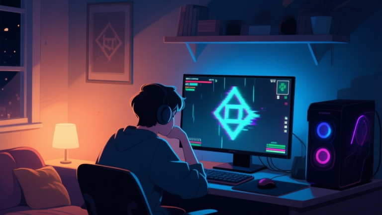自动生成图片: A cozy gaming setup at night, with a player leaning towards a monitor displaying a mysterious in-game glitch or a hidden symbol on a wall, soft ambient lighting, warm and cool color contrast high quality illustration, detailed, 16:9