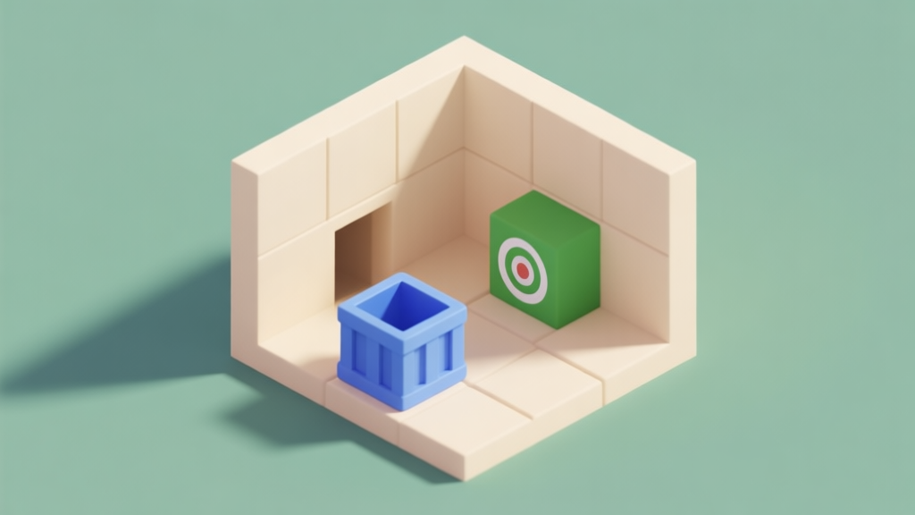 A minimalist, isometric view of a simple Sokoban puzzle level with soft beige walls, a blue crate, and a green target square, rendered in a clean, flat design style with soft shadows high quality illustration, detailed, 16:9