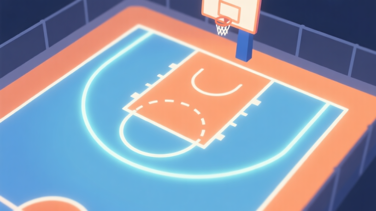 自动生成图片: A stylized top-down view of a basketball court in a video game, with soft glowing lines highlighting the three-point arc, free-throw line, and key area, in a minimalist flat design with a soft blue and orange color palette high quality illustration, detailed, 16:9