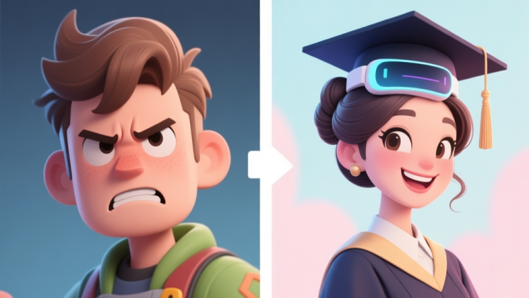 自动生成图片: A split-screen illustration showing a frustrated game character on the left with default hairstyle, and a joyful, confident character on the right wearing a virtual graduation cap and elegant updo, soft pastel background high quality illustration, detailed, 16:9