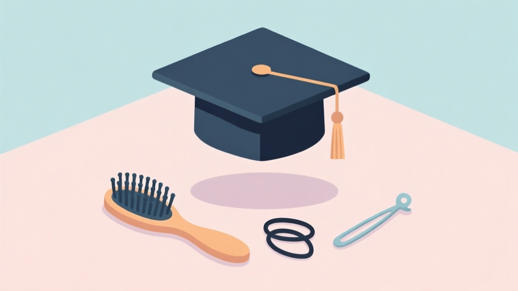 A serene, flat-design illustration of a graduation cap hovering above simple haircare tools (brush, hair tie, pin) on a soft pastel background, conveying preparation and calmness high quality illustration, detailed, 16:9