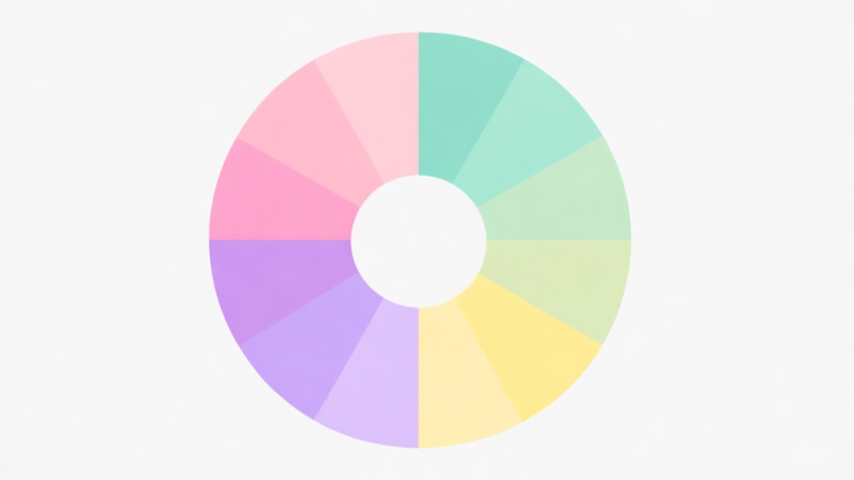 自动生成图片: A gentle, flat design illustration of a color wheel with soft spring pastel shades like blush pink, mint green, lavender, and lemon yellow, arranged in a harmonious gradient, on a clean white background high quality illustration, detailed, 16:9