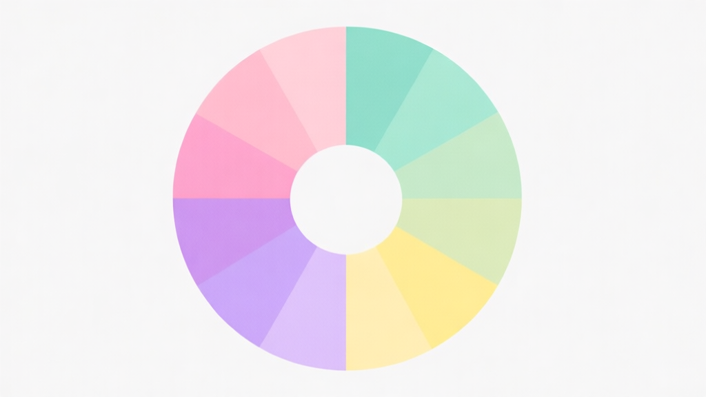 A gentle, flat design illustration of a color wheel with soft spring pastel shades like blush pink, mint green, lavender, and lemon yellow, arranged in a harmonious gradient, on a clean white background high quality illustration, detailed, 16:9