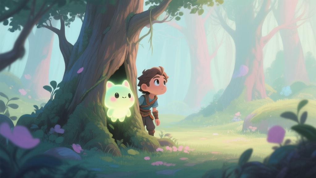 A serene fantasy forest scene with a player character looking curiously at a glowing, cute creature hiding behind a tree, soft pastel color palette, digital painting style high quality illustration, detailed, 16:9