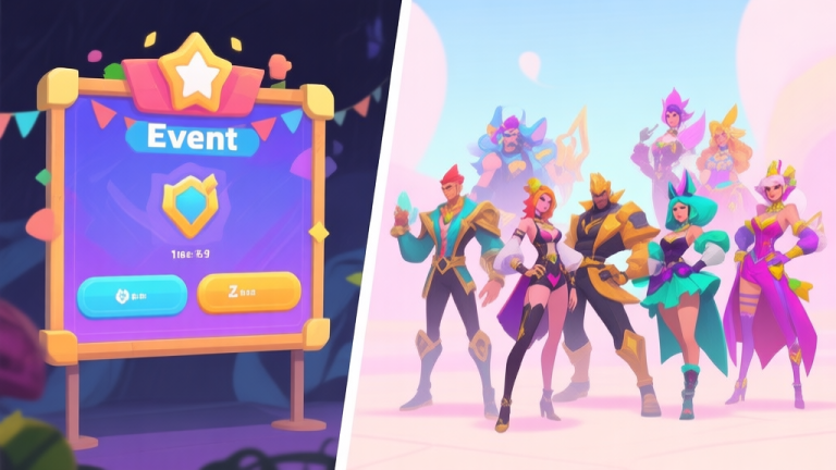 自动生成图片: A split-screen illustration showing on one side a vibrant in-game event announcement board, and on the other side a group of stylized game characters with diverse and flamboyant costumes, in a soft pastel color palette high quality illustration, detailed, 16:9