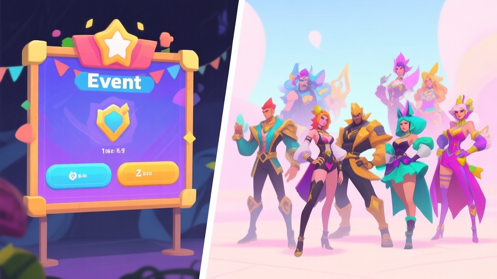 A split-screen illustration showing on one side a vibrant in-game event announcement board, and on the other side a group of stylized game characters with diverse and flamboyant costumes, in a soft pastel color palette high quality illustration, detailed, 16:9