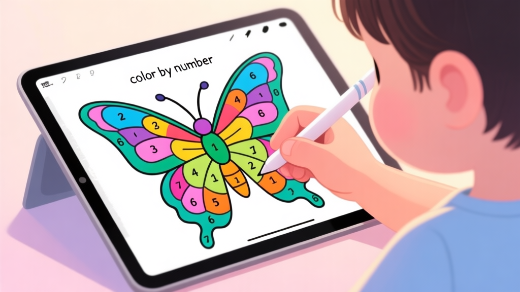 A child's hand using a stylus on a tablet, coloring a detailed "color by number" image of a butterfly, with a focus on the screen showing numbered sections and vibrant colors coming to life, soft pastel background high quality illustration, detailed, 16:9