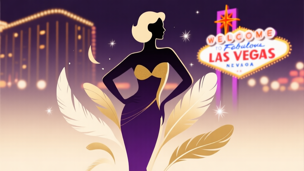 A stylized, elegant silhouette of a showgirl against a soft gradient backdrop of Las Vegas night lights, featuring abstract feather shapes and subtle sparkles, in a muted color palette of gold, deep purple, and cream high quality illustration, detailed, 16:9