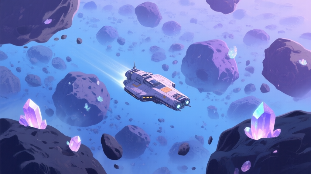 A serene, top-down view of a spaceship carefully navigating through a dense asteroid field, with soft glowing minerals on the asteroids, a calm blue and purple color palette high quality illustration, detailed, 16:9