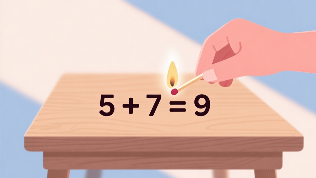 A minimalist flat design of a hand holding a matchstick, about to adjust a matchstick equation "5 + 7 = 9" on a wooden table, soft natural lighting, pastel colors high quality illustration, detailed, 16:9