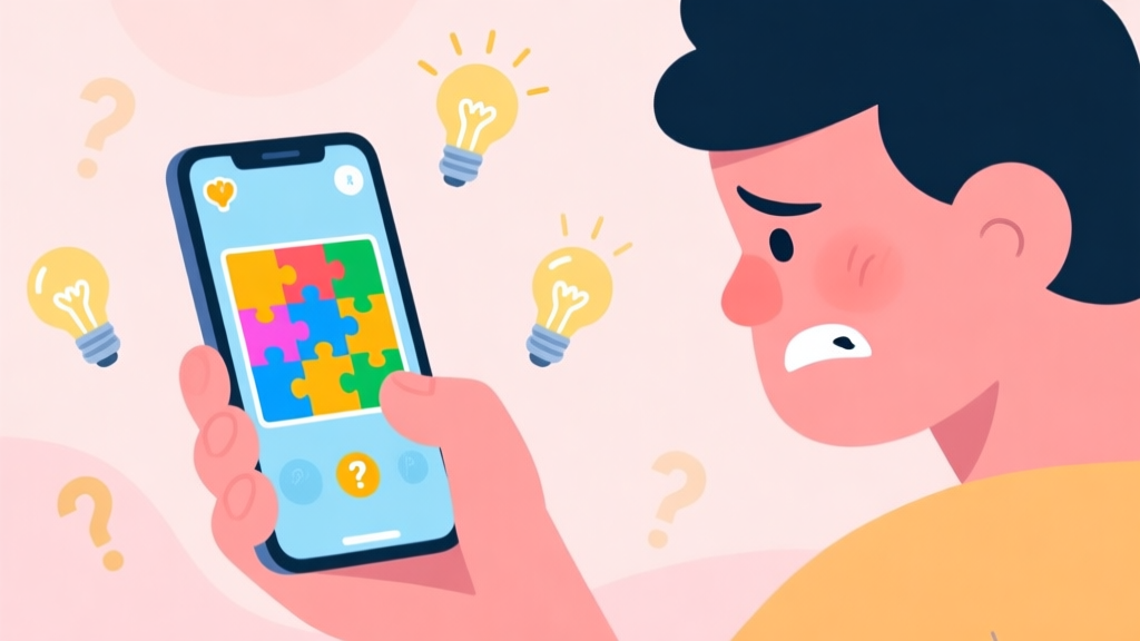 A person looking frustrated at a mobile phone screen showing a colorful picture puzzle game, with question marks and lightbulbs floating around, in a flat illustration style with soft pastel colors high quality illustration, detailed, 16:9