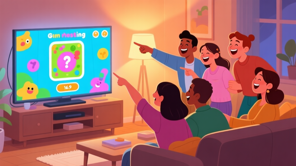 A cozy living room scene with a diverse group of people laughing and pointing at a large screen displaying a colorful, playful guessing game image, warm lighting, illustrated style high quality illustration, detailed, 16:9