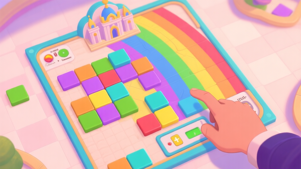 A vibrant, top-down view of a Rainbow Palace game board in a challenging state, with mismatched colorful tiles, limited moves counter visible, and a thoughtful player's hand hovering over the screen, soft pastel color palette high quality illustration, detailed, 16:9