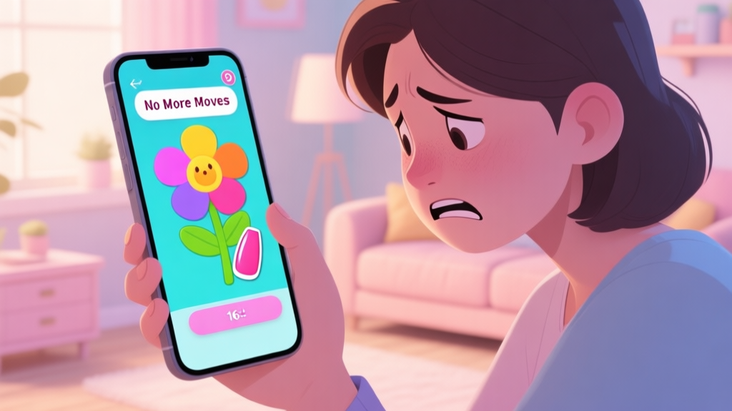 A frustrated player looking at a mobile phone screen showing a colorful but incomplete flower manicure puzzle, with a "No More Moves" pop-up, in a cozy home setting, soft lighting, pastel color palette high quality illustration, detailed, 16:9