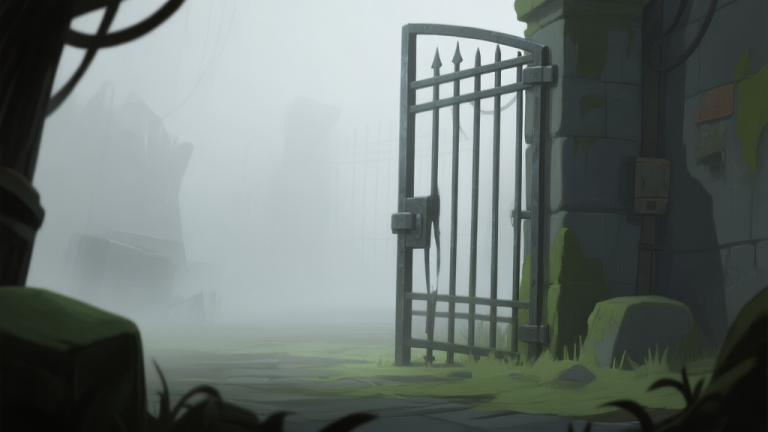 自动生成图片: A mysterious, slightly ajar metal gate in a foggy, deserted game environment, soft lighting, muted colors like grey and moss green, evoking curiosity and hidden secrets high quality illustration, detailed, 16:9