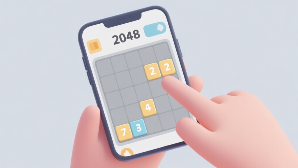 A clean, minimalist smartphone screen showing a game of 2048 in progress, with numbered tiles on a soft grey grid, fingers swiping on the screen, pastel color palette high quality illustration, detailed, 16:9
