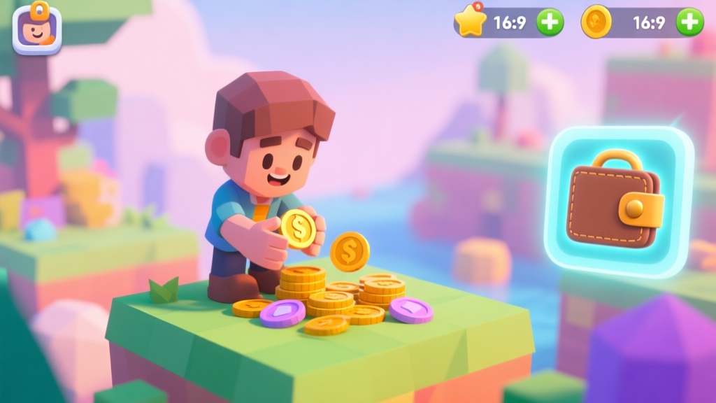 A vibrant, friendly game interface showing a character collecting digital coins and tokens in a colorful, low-poly world, with a secure wallet icon glowing in the corner, soft pastel color palette high quality illustration, detailed, 16:9