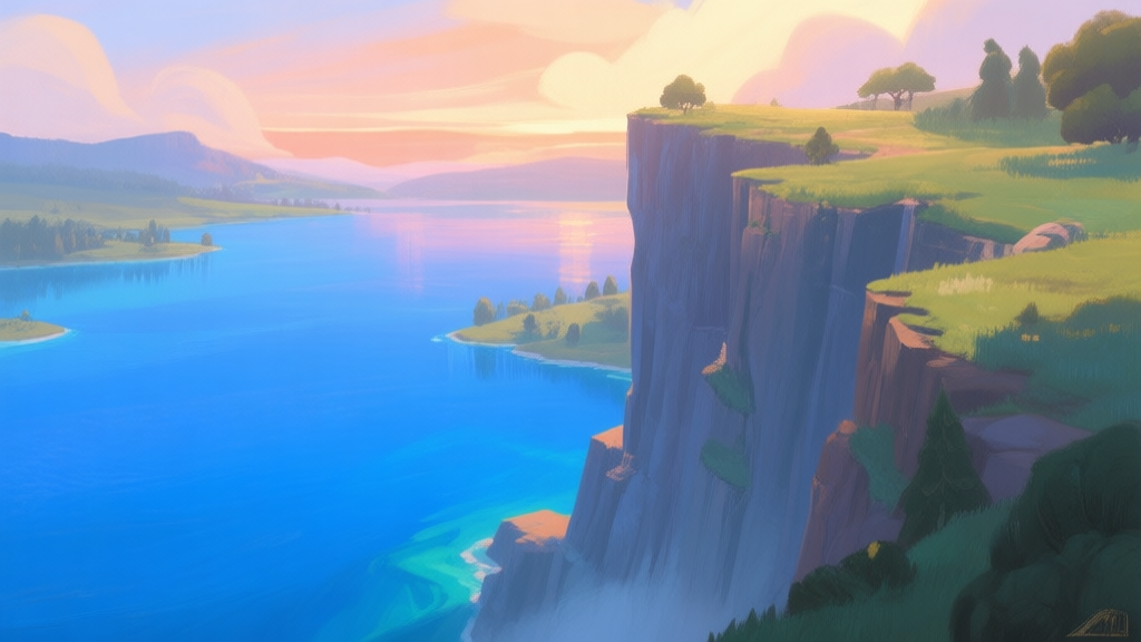 A serene video game landscape with a tall cliff overlooking a vibrant blue lake, soft sunset lighting, in a painterly art style high quality illustration, detailed, 16:9