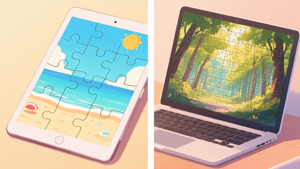 A split-screen illustration showing two contrasting puzzle experiences. Left side: a bright, simple summer beach puzzle with large pieces on a tablet. Right side: a complex, detailed 1000-piece puzzle of a summer forest canopy on a laptop. Soft, warm color palette. high quality illustration, detailed, 16:9