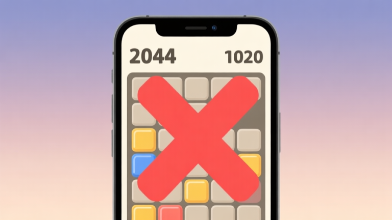 自动生成图片: A minimalist illustration of a smartphone screen showing the 2048 game stuck at the 1024 tile, with a large red "X" over it, on a soft gradient background high quality illustration, detailed, 16:9