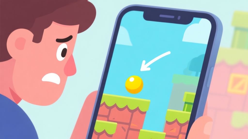 A frustrated player looking at a mobile screen showing a yellow ball falling off a platform in a colorful adventure game, with a simple arrow indicating the wrong bounce angle, in a flat design style with soft pastel colors high quality illustration, detailed, 16:9