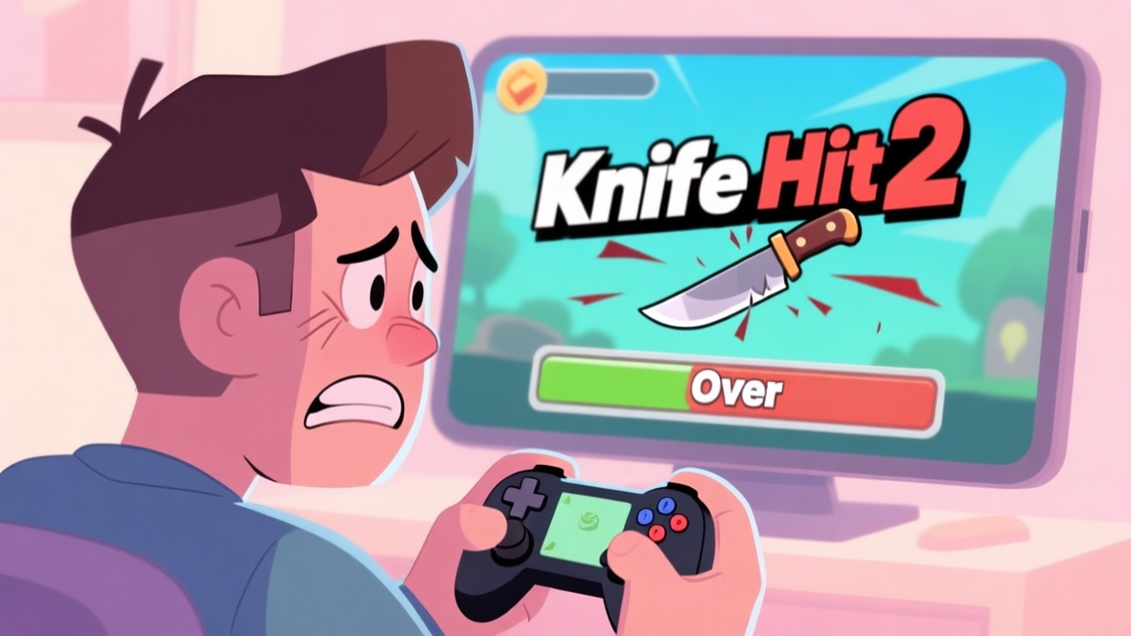 A frustrated mobile gamer looking at a Knife Hit 2 game over screen, with a missed knife animation in the background, soft pastel color palette, cartoon style high quality illustration, detailed, 16:9