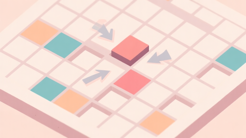 A minimalist, top-down view of a Rullo puzzle grid in soft pastel colors, showing some cells filled, some empty, and a few highlighted in a different shade to indicate uncertainty or a "deadlock" state, with gentle arrows pointing at the conflicted area high quality illustration, detailed, 16:9