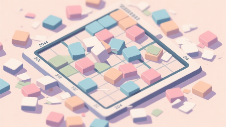 自动生成图片: A top-down view of a messy 2048 game board with tiles scattered randomly, soft pastel colors, clean flat design, showing a sense of disorder and blockage high quality illustration, detailed, 16:9