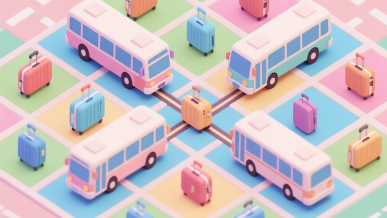 自动生成图片: A top-down view of a colorful puzzle game grid with multiple buses and suitcases in a deadlock situation, soft pastel colors, clean lines, isometric illustration style high quality illustration, detailed, 16:9