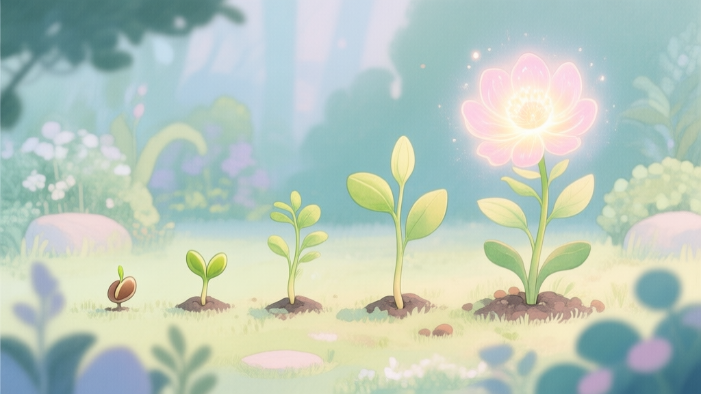 A serene digital garden scene showing various stages of plant growth from seed to a glowing mythical flower, soft pastel color palette, illustrated in a gentle watercolor style high quality illustration, detailed, 16:9