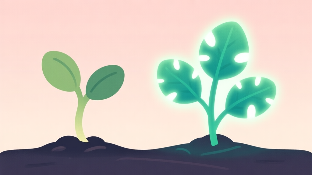 A gentle, flat design illustration showing a side-by-side comparison of a basic seedling and an evolved, glowing plant with unique leaves, on a soft pastel background high quality illustration, detailed, 16:9