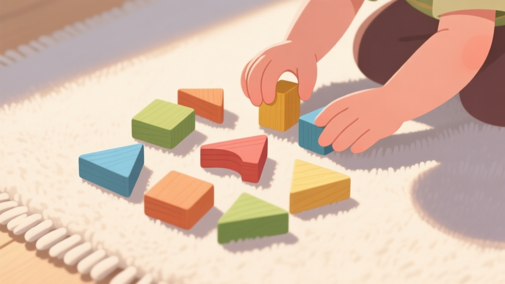 A child's hands playing with colorful wooden shape blocks on a soft, neutral-colored rug, arranged in a simple pattern, gentle morning light, flat illustration style high quality illustration, detailed, 16:9